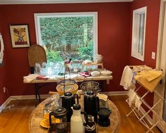 Dishes and glassware, vintage PYREX mixing bowls, pots & pans, knives, aprons and tea towels