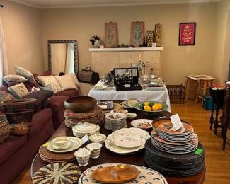 China and platters, silver trays and serving ware, pillows, artwork, costume and vintage jewelry