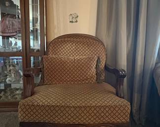French Louis XV Style Fauteuil Armchair with Damask Upholstery