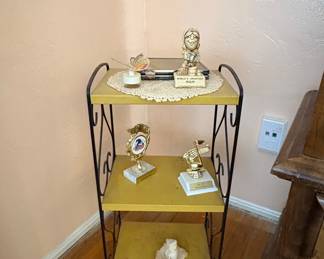 Vintage 3-Tier Metal Side Table with Yellow Shelves and Scrollwork