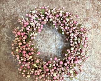 Vintage Landscape Print in Ornate Frame and Pink & Cream Berry Wreath
