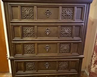 Antique Carved Oak Jacobean Style Chest of Drawers