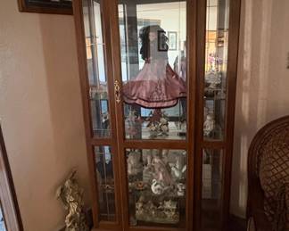 Vintage Oak Curio Cabinet with Leaded Glass Doors