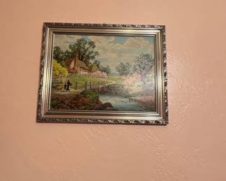 Vintage Landscape Print in Ornate Frame and Pink & Cream Berry Wreath
