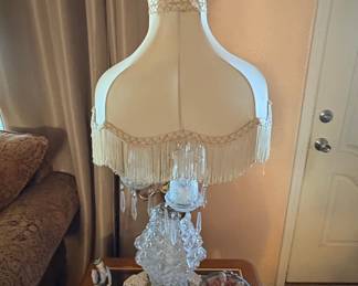 Victorian Crystal Table Lamp with Frosted Glass Shade and Prisms