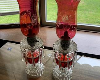 Vintage Cranberry Glass Hurricane Lamps