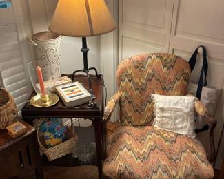 Carved wood arm chair with multicolor flame stitch upholstery 
