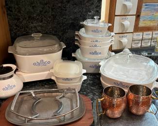 Corningware blue cornflower casserole dishes, warmer and kettle 