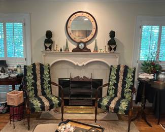 Hollywood regency/ maximalist upholstered high back arm chairs 