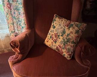Rose Velvet Wingback Armchair with Floral Cushion