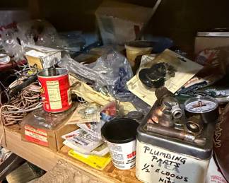 Assorted Plumbing Parts in Vintage Kirkhill Tin with Pressure Gauge