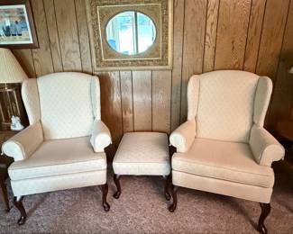 Pair of Pennsylvania House Queen Anne Style Upholstered Wingback Armchairs and Ottoman