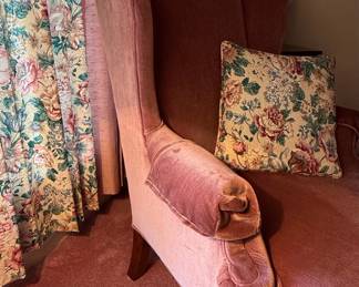 Rose Velvet Wingback Armchair with Floral Cushion