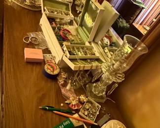 Assorted Costume Jewelry Collection with Decorative Trinket Boxes and Crystal Hurricane Lamp