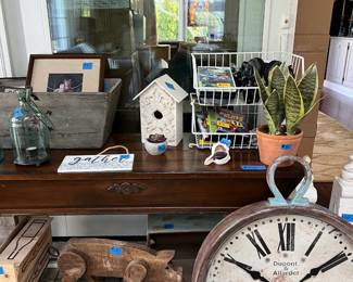 bird houses, piggy, wall clock, standing clock, video games, Playstation vide games, bird house, corbels, ships wheel, 