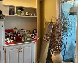Christmas ornaments, crock, dressing mirror, trays, lamps, votives, christmas nutcrackers, christmas candles, Vase, willows, wood chest
