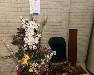 silk flowers, wood planks, stems, lamps