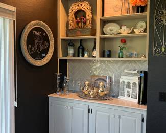 bird cage, silver set and tray, chalkboard, vases, bottles, candlesticks, silk flowers, art work