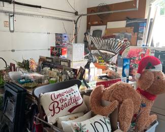 Outdoor pillows, holiday decorations, rocking chair, picture frames, books, dog supplies, dog coats, dog toys, dog crates, dog leashes, dog bowls