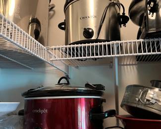 Crock pots, pans, pots, waffle irons, cake pans, skillets, 