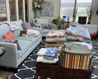 Sofas, love seat, chair, decor, tables, art work, lamps, silk flowers, lines, table cloths, place mats, bowls, platters. baskets,  art