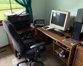 Corner desk, office chair, printer
