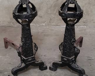 073 Rank 073 Lot 174 Pair of antique cast iron gothic andiron