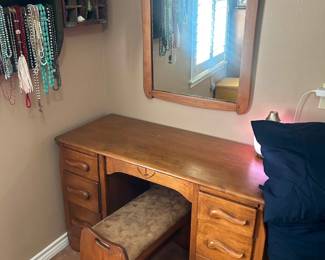 Vintage MCM Vanity with Stool & Mirror  Great condition!  Vanity measures: 44” across x 18” deep x 28” tall Mirror: 2’ x 33” Stool: 23” x 12” x 18” tall Must be able to move and load yourself  **We have the matching nightstand, dresser & Bedframe for sale as well.