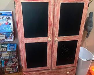 Red Chalkboard Storage Cabinet 4’ tall x 16 3/4” x 32 1/2” Great condition