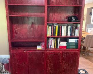 Red Rustic Shelving / Cabinet  7’ tall x 14” deep x 63 1/2” wide One solid piece Pickup in Hallettsville Must be able to move and load yourself