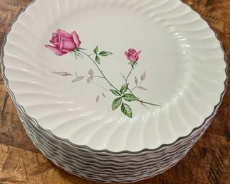 Vintage Scio Dorset Rose Platinum trim Dinner Plate Set  10 pc set Excellent shape 