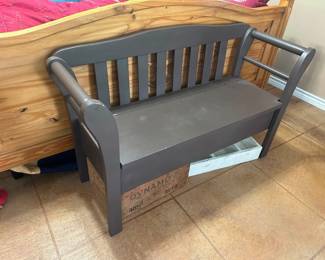 Brown Storage Bench  Some small scuffs and nicks 31” tall x 49” wide x 16 1/2” deep