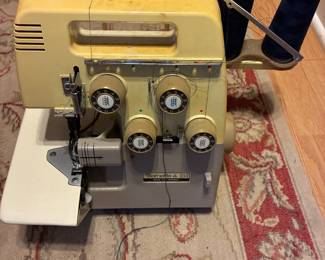 Bernina Barnett Surger w/ large box of threads, misc.