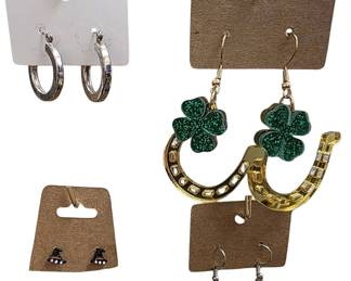 Deadstock and fashion jewelry collection featuring boho rings, novelty and enamel earrings, bracelets, necklaces, brooches, and accessories available