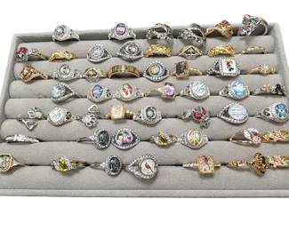 Deadstock and fashion jewelry collection featuring boho rings, novelty and enamel earrings, bracelets, necklaces, brooches, and accessories available