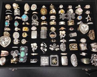 Vintage and fashion jewelry collection featuring rings, earrings, bracelets, necklaces, and accessories in gold and silver tone finishes