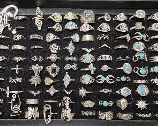 Deadstock and fashion jewelry collection featuring boho rings, novelty and enamel earrings, bracelets, necklaces, brooches, and accessories available