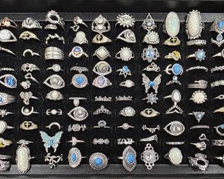 Deadstock and fashion jewelry collection featuring boho rings, novelty and enamel earrings, bracelets, necklaces, brooches, and accessories available