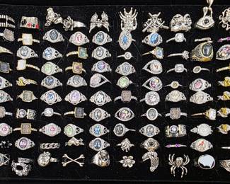 Deadstock and fashion jewelry collection featuring boho rings, novelty and enamel earrings, bracelets, necklaces, brooches, and accessories available