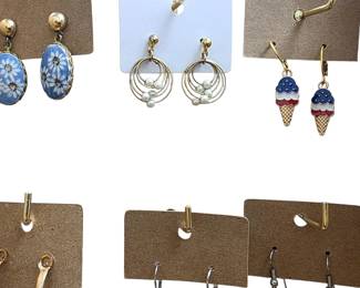 Deadstock and fashion jewelry collection featuring boho rings, novelty and enamel earrings, bracelets, necklaces, brooches, and accessories available