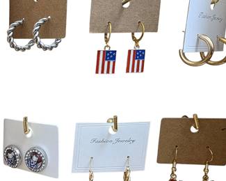 Deadstock and fashion jewelry collection featuring boho rings, novelty and enamel earrings, bracelets, necklaces, brooches, and accessories available