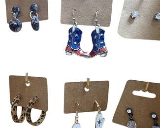 Deadstock and fashion jewelry collection featuring boho rings, novelty and enamel earrings, bracelets, necklaces, brooches, and accessories available