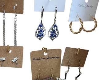 Deadstock and fashion jewelry collection featuring boho rings, novelty and enamel earrings, bracelets, necklaces, brooches, and accessories available