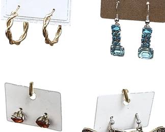 Deadstock and fashion jewelry collection featuring boho rings, novelty and enamel earrings, bracelets, necklaces, brooches, and accessories available