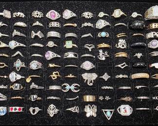 Deadstock and fashion jewelry collection featuring boho rings, novelty and enamel earrings, bracelets, necklaces, brooches, and accessories available