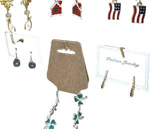 Deadstock and fashion jewelry collection featuring boho rings, novelty and enamel earrings, bracelets, necklaces, brooches, and accessories available