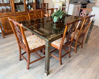 Vintage 1980s dark brass table w/ glass top - pull out ends- chairs will be sold separately. 