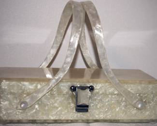 White marbled Lucite box purse appears to be a vintage 1950s style