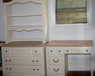 Vintage bedroom set, two piece set including Desk with detachable hutch and chair and Three drawer chest set