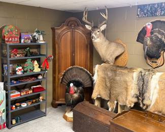 Christmas Decor, Corner Cabinet, Vintage Trunk, Cedar Chest, Deer Pelts, Coyote Pelt, Turkey Mounts